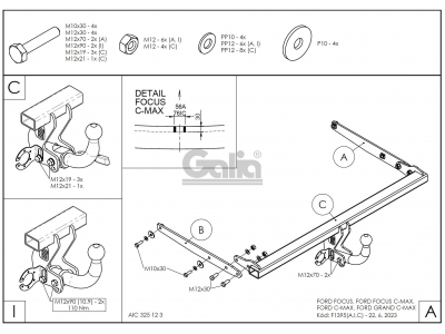 Фаркоп оцинкованный для Ford Focus 2003-2018, Ford Focus C-MAX 2003-2010, 2010-2019, Ford Grand C-MAX 2010-2019 условно-съемное крепление шара