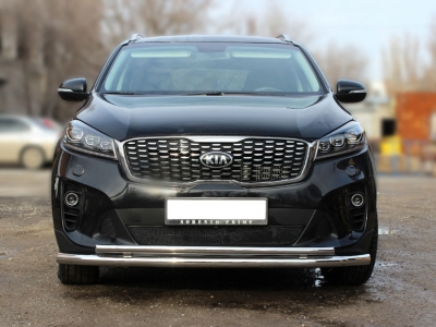 Защита переднего бампера радиусная двойная d-60+43 Технотек для Kia Sorento Prime 2018 – н.в.