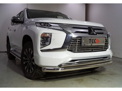 Защита передняя нижняя (двойная) 76,1/42,4 мм ТСС для Mitsubishi Pajero Sport III Рестайлинг 2019 – н.в. 