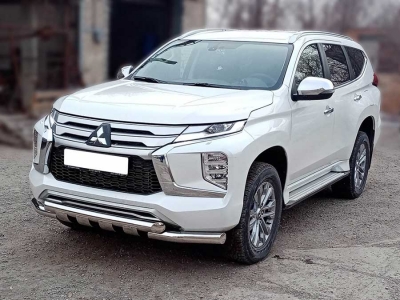Защита переднего бампера d-76 с доп.накладками для Mitsubishi Pajero Sport 2021 – н.в.