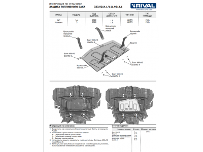 Защита топливного бака + комплект крепежа, RIVAL, Алюминий для JAC JS4, 1,5, АКПП, FWD, 2022-н.в., Москвич 3, 1.5, АКПП, FWD, 2022-н.в. 