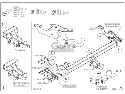Фаркоп оцинкованный для Toyota Hilux 2015-н.в., JAC T6 2021-н.в., JAC T8 2018-н.в., JAC T8 Pro 2023-н.в., Sollers ST6 2023-н.в. условно-съемное крепление шара