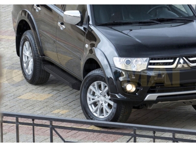 Пороги алюминиевые Rival Black New для Mitsubishi Pajero Sport 2008-2016
