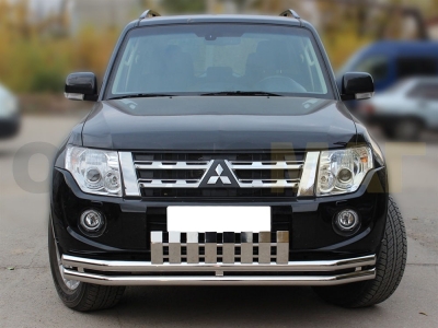 Защита передняя двойная 60-60 мм с накладкой для Mitsubishi Pajero 4 2011-2014