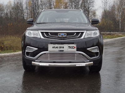 Защита передняя овальная с ДХО 75х42 мм для Geely Atlas 2018-2021