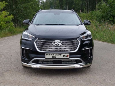 Защита передняя овальная с ДХО 75х42 мм ТСС для Hyundai Santa Fe Grand 2016-2021