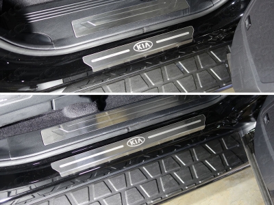 Накладки на пороги лист шлифованный логотип Kia 4 штуки ТСС для Kia Mohave 2016-2020
