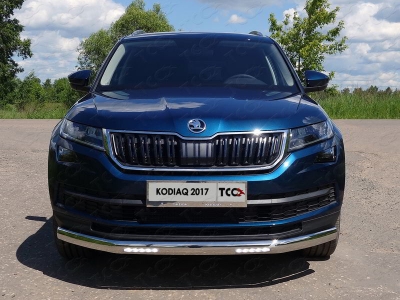 Защита передняя овальная с ДХО 75х42 мм ТСС для Skoda Kodiaq 2018-2021