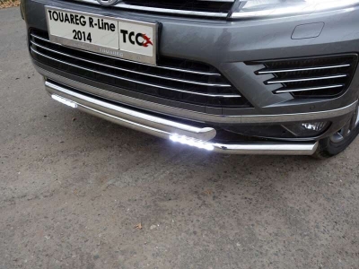 Защита передняя двойная с ДХО 60-60 мм ТСС для Volkswagen Touareg R-Line 2014-2017