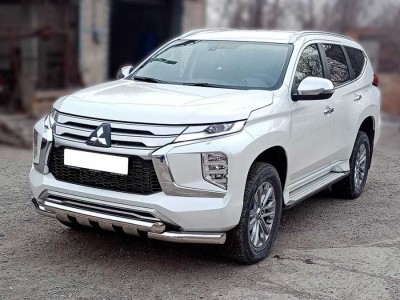 Защита переднего бампера d-76 с доп.накладками для Mitsubishi Pajero Sport 2021 – н.в.