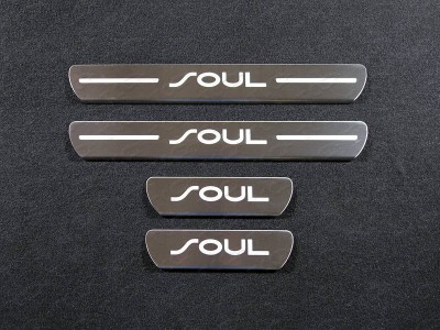 Накладки на пороги лист шлифованный надпись Soul 4 штуки ТСС для Kia Soul 2014-2021