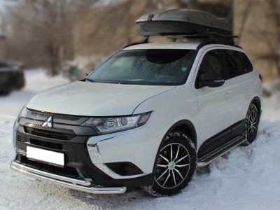 Защита переднего бампера двойная с подгибами d-60+43 Технотек для Mitsubishi Outlander 2018-2021