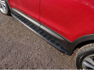 Пороги алюминиевые ТСС с накладкой чёрные для Hyundai Santa Fe № HYUNSF4WD15-20BL