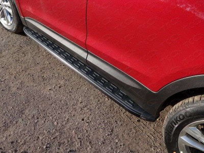 Пороги алюминиевые ТСС с накладкой чёрные для Hyundai Santa Fe 2015-2018