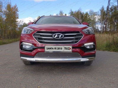 Защита передняя овальная длинная с ДХО 75х42 мм ТСС для Hyundai Santa Fe 2015-2018