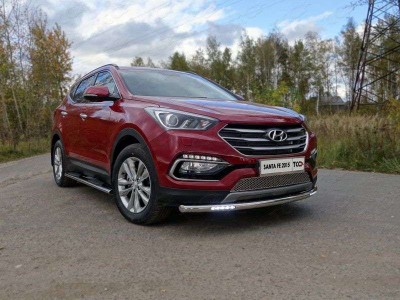 Защита передняя овальная длинная с ДХО 75х42 мм ТСС для Hyundai Santa Fe 2015-2018