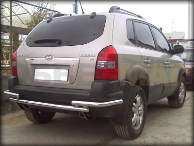 Защита заднего бампера двойная 53-53 мм с углами для Hyundai Tucson 2004-2010