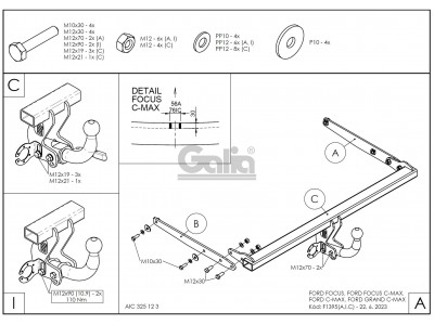Фаркоп оцинкованный для Ford Focus 2003-2018, Ford Focus C-MAX 2003-2010, 2010-2019, Ford Grand C-MAX 2010-2019 условно-съемное крепление шара