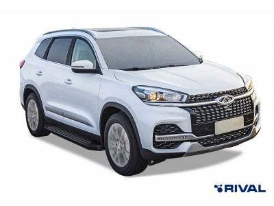 Порог-площадка "Black" F180ALB + комплект крепежа, RIVAL для Chery Tiggo 7 2019-2020/ 7Pro 2020-н.в./ 7Pro Max 2022-н.в./ Tiggo 8 2020-н.в,/ 8Pro 2021-н.в./ 8ProMax 2022-н.в./ Exeed LX 2022-н.в.