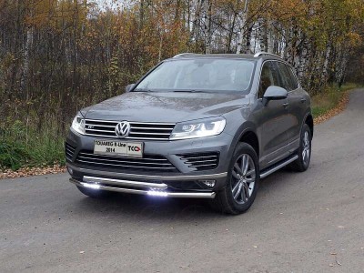 Защита передняя двойная с ДХО 60-60 мм ТСС для Volkswagen Touareg R-Line 2014-2017
