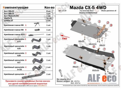 Защита топливопровода ALFeco для 2,0 из 2 частей сталь 2 мм на 4х4 для Mazda CX-5 2011-2021
