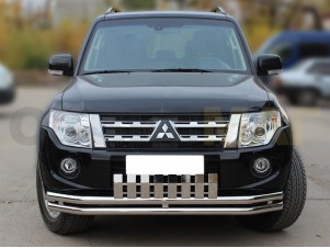 Защита передняя двойная 60-60 мм с накладкой для Mitsubishi Pajero 4 № MP2012_1.1