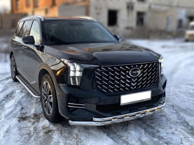 Защита переднего бампера с подгибами двойная d-60+43 с доп.накладками Технотек для GAC GS8 II Рестайлинг 2021 – н.в.