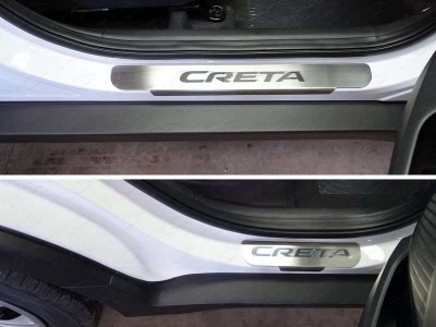 Накладки на пороги с надписью Creta шлифованный лист ТСС для Hyundai Creta 2016-2021