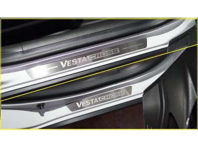 Накладки на пороги (лист шлифованный надпись Vesta Cross) ТСС для Lada Vesta Cross 1.6 I Рестайлинг 2022 – н.в.