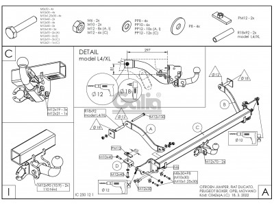 Фаркоп оцинкованный Galia шар A для Peugeot Boxer/Citroen Jumper/Fiat Ducato 2006-2021 C042A