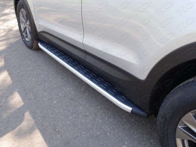 Пороги алюминиевые ТСС с накладкой для Hyundai Santa Fe 2012-2015