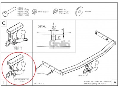 Фаркоп оцинкованный Galia шар A для Volkswagen Golf 5/6/Golf Plus/Audi A3 2003-2012