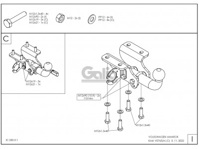 Фаркоп оцинкованный Galia шар A для Volkswagen Amarok 2010-2021