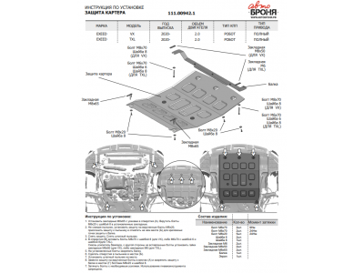 Защита картера + комплект крепежа, АвтоБРОНЯ, Сталь для EXEED VX, V-2,0, робот, полный, 2020-н.в.; EXEED TXL, V-2,0, робот, полный, 2020-н.в.