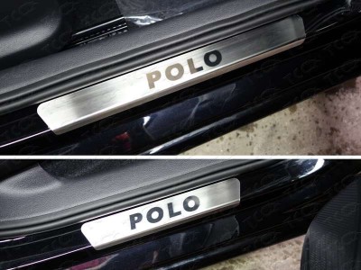 Накладки на пороги шлифованный лист надпись Polo ТСС для Volkswagen Polo 2015-2020