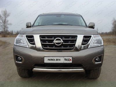 Защита переднего бампера овальная 75х42 мм ТСС для Nissan Patrol 2014-2021