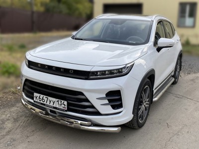Защита переднего бампера радиусная двойная d-60+43 с доп.накладками для Exeed LX 1.5L Turbo 2WD 2022 – н.в. 