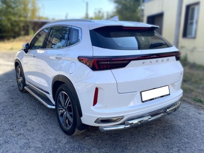 Защита заднего бампера двойная d-60+43 с доп.накладками для Exeed LX 1.5L Turbo 2WD 2022 – н.в. 