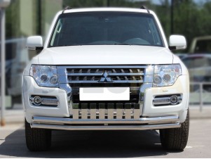 Защита передняя двойная 60-60 мм с накладкой для Mitsubishi Pajero 4 № MP2015_1.3
