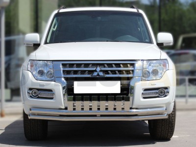 Защита передняя двойная 60-60 мм с накладкой для Mitsubishi Pajero 4 2014-2021