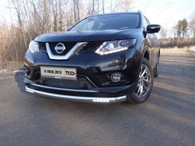 Защита передняя овальная с ДХО 75х42 мм ТСС для Nissan X-Trail 2015-2018