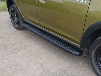 Пороги алюминиевые ТСС с накладкой чёрные для Renault Sandero Stepway 2014-2018