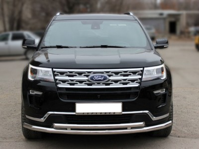 Защита переднего бампера d-60+53 радиусная двойная Технотек для Ford Explorer 2017 – н.в. 