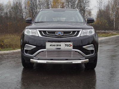 Защита передняя овальная с ДХО 75х42 мм для Geely Atlas 2018-2021