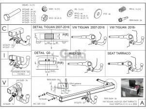 Фаркоп оцинкованный для Volkswagen Tiguan 2007-2016, 2016-2024, Audi Q3 2011-2018, Seat Tarraco 2018-н.в. вертикальное быстросъемное крепление шара с ключом №V069V