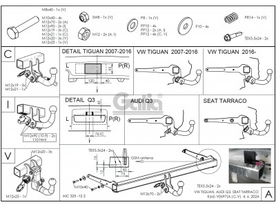 Фаркоп оцинкованный для Volkswagen Tiguan 2007-2016, 2016-2024, Audi Q3 2011-2018, Seat Tarraco 2018-н.в. вертикальное быстросъемное крепление шара с ключом